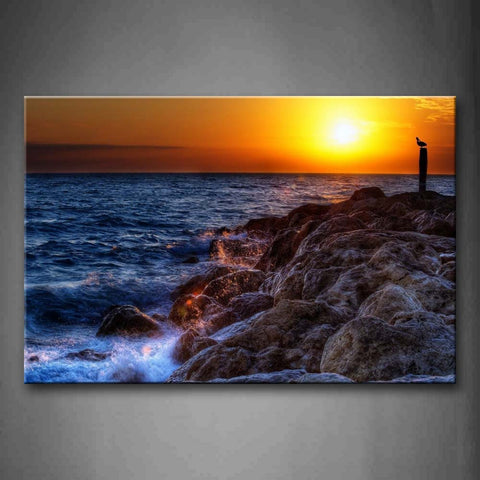 Rock In The Ocean Setting Sun Wall Art Painting The Picture Print On Canvas Seascape Pictures For Home Decor Decoration Gift 