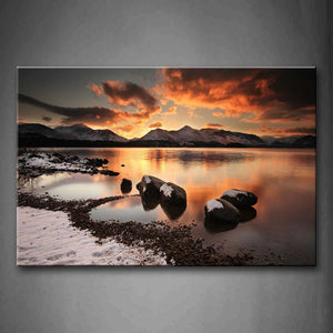 Small Rocks In The Lake Sunset Glow Wall Art Painting Pictures Print On Canvas Seascape The Picture For Home Modern Decoration 