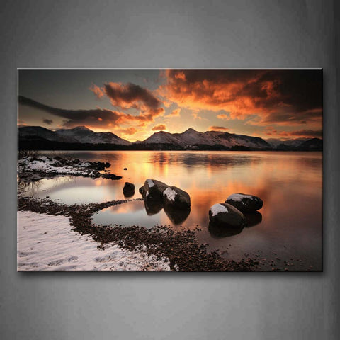 Small Rocks In The Lake Sunset Glow Wall Art Painting Pictures Print On Canvas Seascape The Picture For Home Modern Decoration 