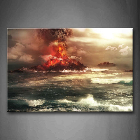 Terrible Volcano In Center Of Sea Wall Art Painting Pictures Print On Canvas Seascape The Picture For Home Modern Decoration 