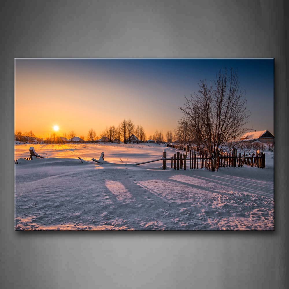 Sunset In Winter Snowfield Fence House Wall Art Painting Pictures Print On Canvas Landscape The Picture For Home Modern Decoration 