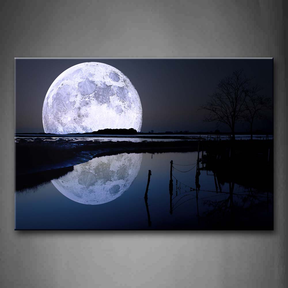 Black And White Reflection Of Big Moon Over Sea Beach Wall Art Painting The Picture Print On Canvas Space Pictures For Home Decor Decoration Gift 