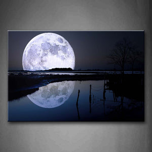 Black And White Reflection Of Big Moon Over Sea Beach Wall Art Painting The Picture Print On Canvas Space Pictures For Home Decor Decoration Gift 