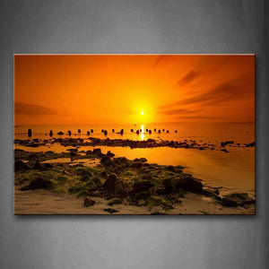 Yellow Orange Sea With Stone With Sunlight At Sunset Wall Art Painting Pictures Print On Canvas Seascape The Picture For Home Modern Decoration 