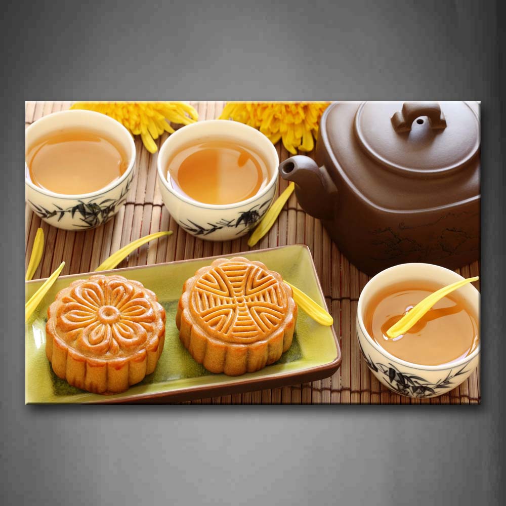 Brown Tea With Mooncake And Yellow Petal Wall Art Painting Pictures Print On Canvas Food The Picture For Home Modern Decoration 