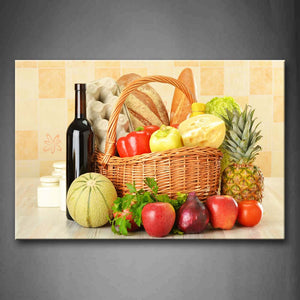 Still Life Various Fruit Vegetables Wine Basket Wall Art Painting Pictures Print On Canvas Food The Picture For Home Modern Decoration 