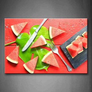 Red Watermelon Green Leaf And Knife Fork Wall Art Painting The Picture Print On Canvas Food Pictures For Home Decor Decoration Gift 