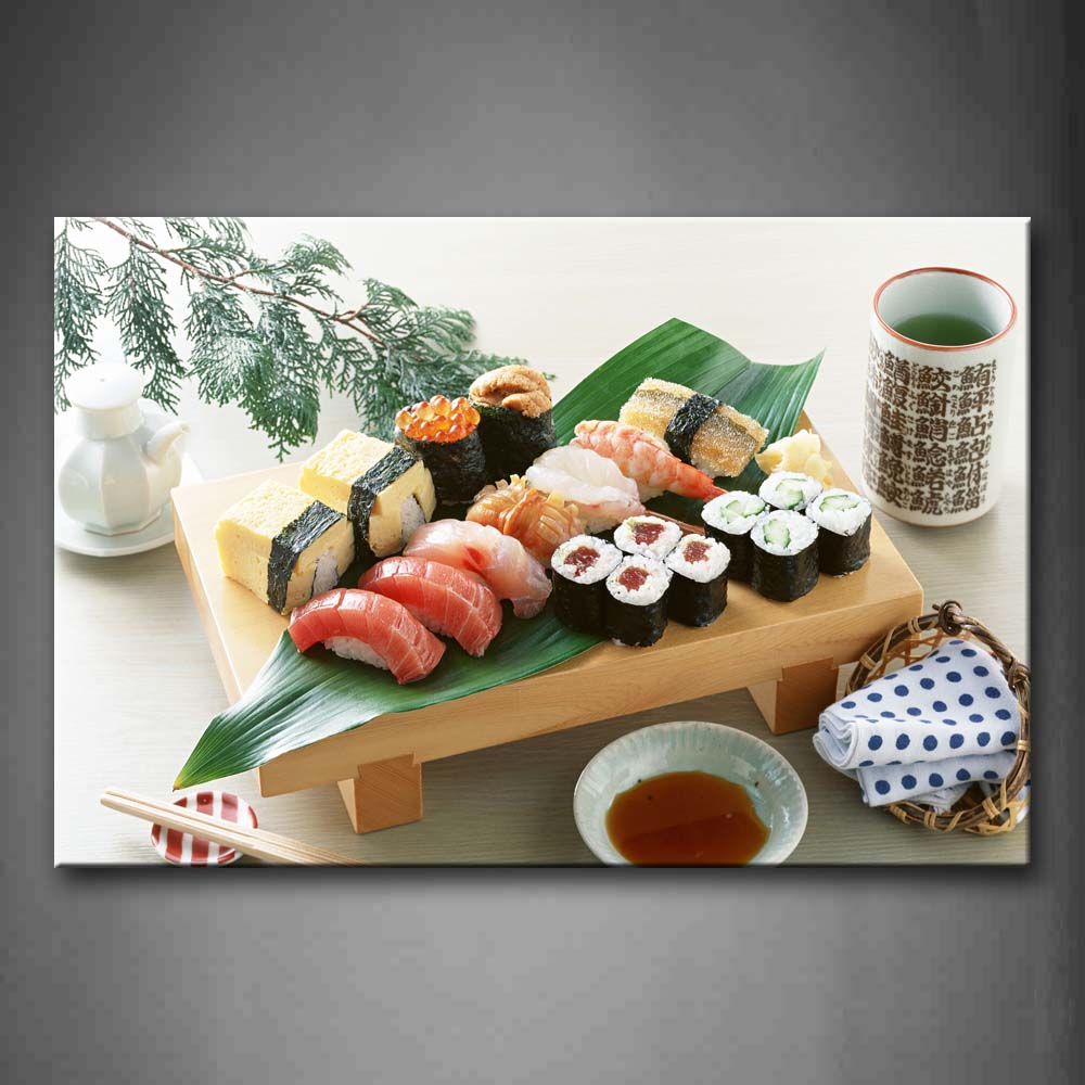 Sushi And Fish Meat On Green Leaf Wall Art Painting The Picture Print On Canvas Food Pictures For Home Decor Decoration Gift 