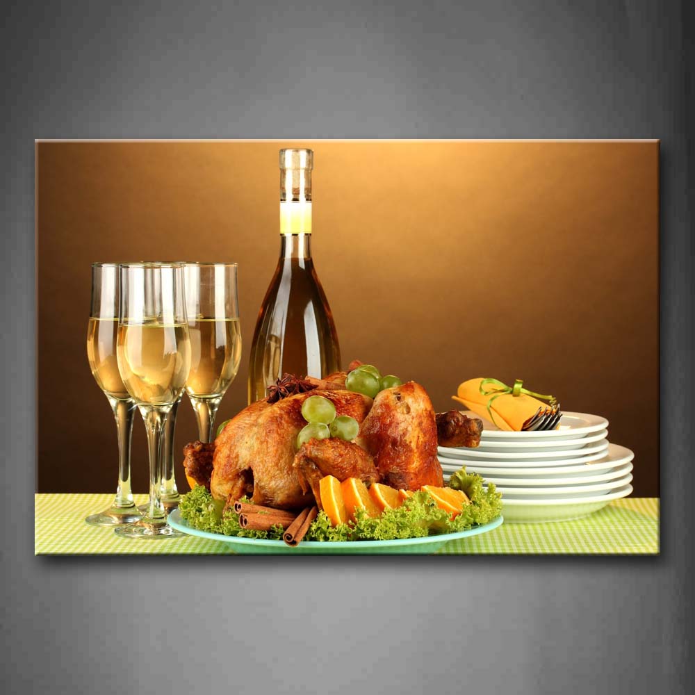 Chicken With Vegetable Fruit And Wine  Wall Art Painting Pictures Print On Canvas Food The Picture For Home Modern Decoration 