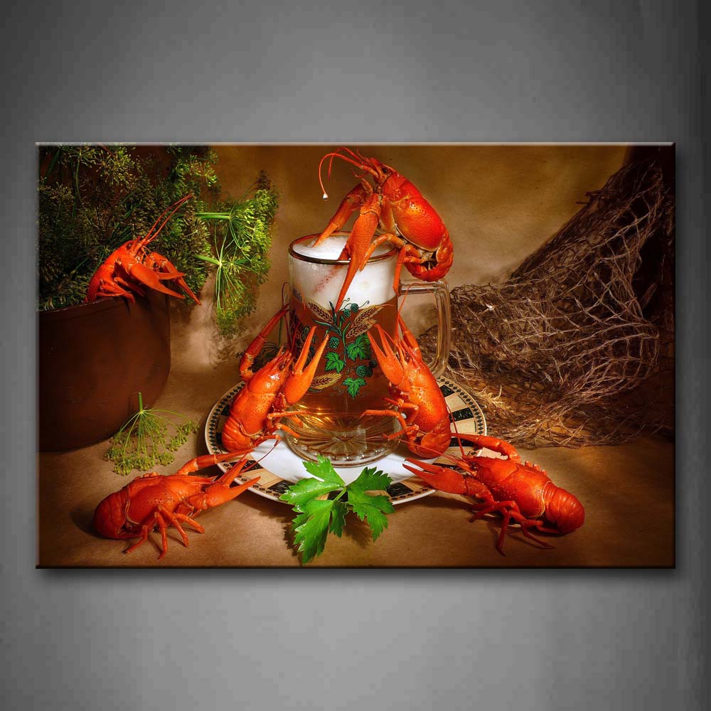 Orange Lobster With Green Leaf And Net Wall Art Painting The Picture Print On Canvas Food Pictures For Home Decor Decoration Gift 