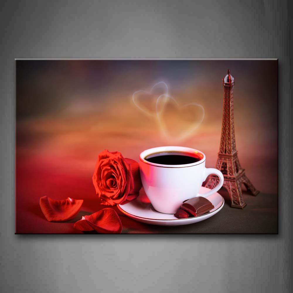 Coffee In White Cup With Red Rose Eiffel Tower Wall Art Painting Pictures Print On Canvas Food The Picture For Home Modern Decoration 