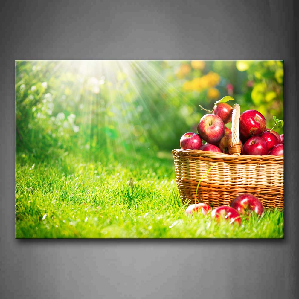 Red Apple In Basket Grass With Sunlight Wall Art Painting Pictures Print On Canvas Food The Picture For Home Modern Decoration 