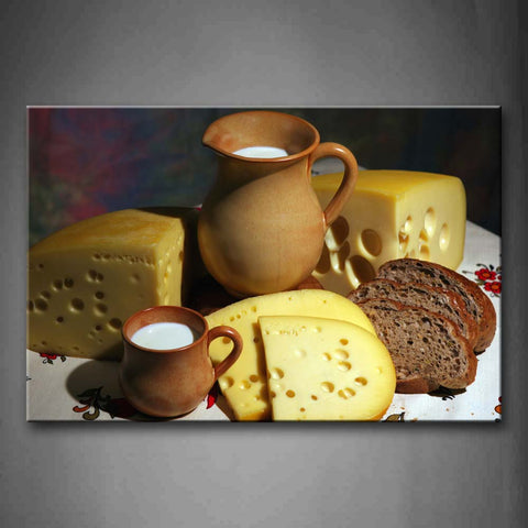 Yellow Cheese With Brown Bread And Milk Wall Art Painting The Picture Print On Canvas Food Pictures For Home Decor Decoration Gift 