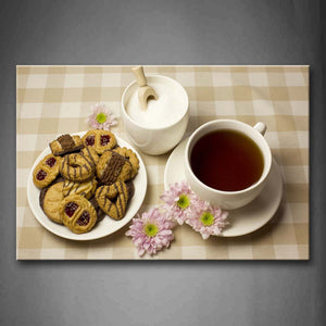 Tea And Milk In Cups Biscuit In Plate With Flower Wall Art Painting Pictures Print On Canvas Food The Picture For Home Modern Decoration 