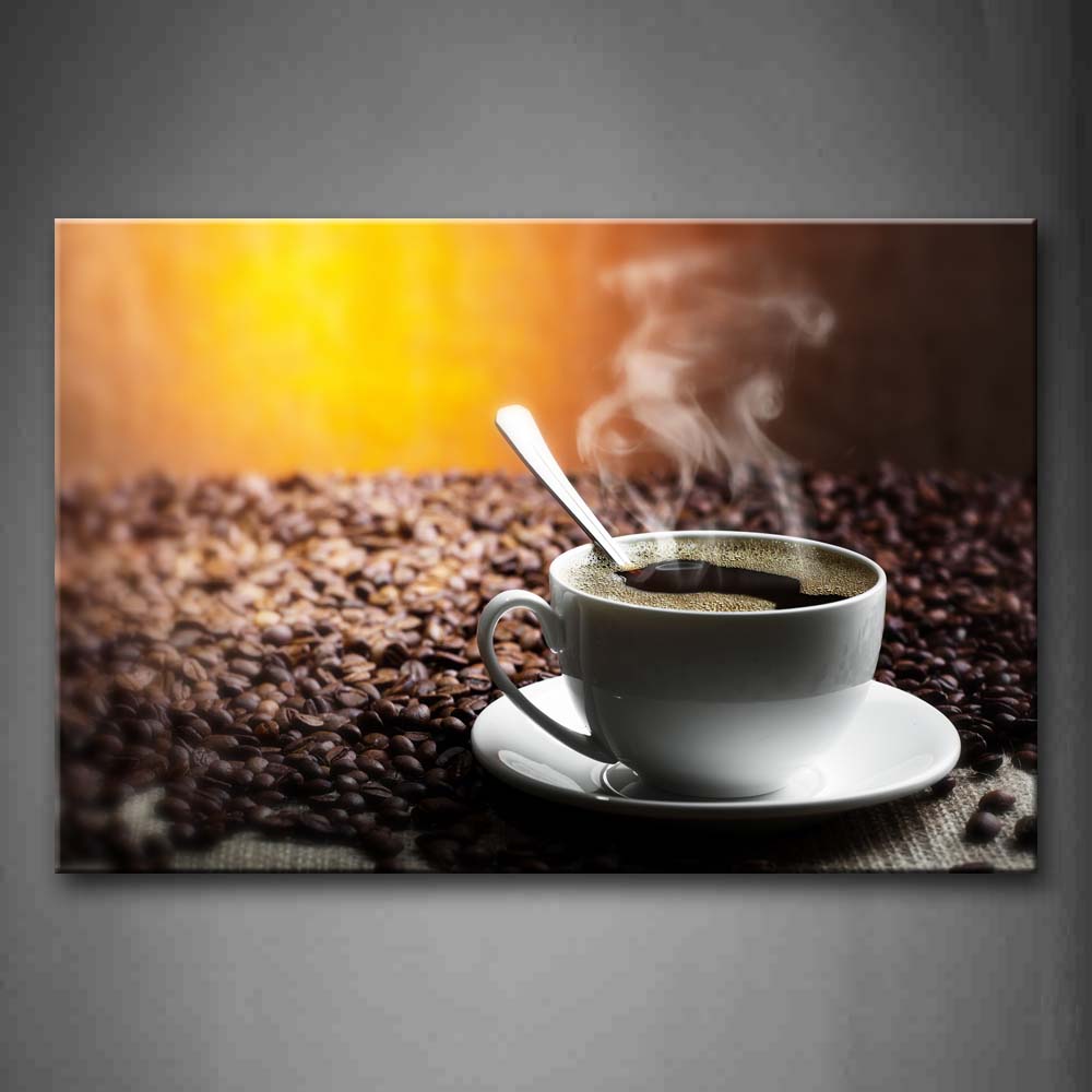 Hot Coffee With Spoon In White Cup Wall Art Painting Pictures Print On Canvas Food The Picture For Home Modern Decoration 