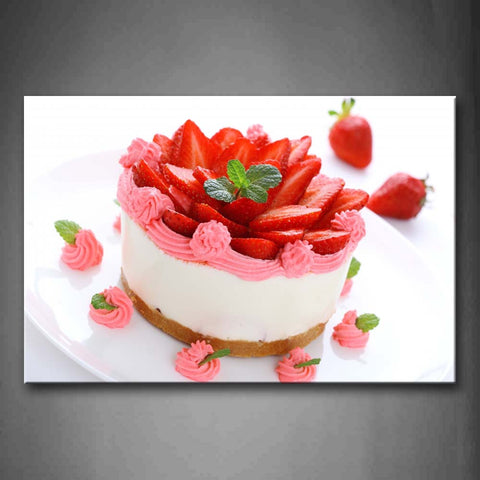 Cake With Strawberry And Green Leaf Wall Art Painting Pictures Print On Canvas Food The Picture For Home Modern Decoration 