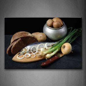 Fish Onion Knife Potato And Black Bread Wall Art Painting Pictures Print On Canvas Food The Picture For Home Modern Decoration 