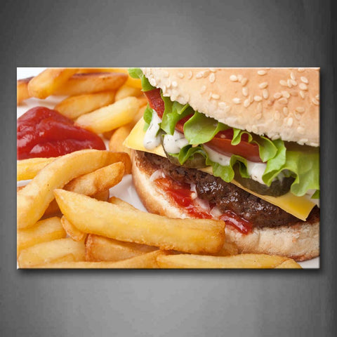 Burger Stack-Up With Vegetable And Chips Wall Art Painting The Picture Print On Canvas Food Pictures For Home Decor Decoration Gift 