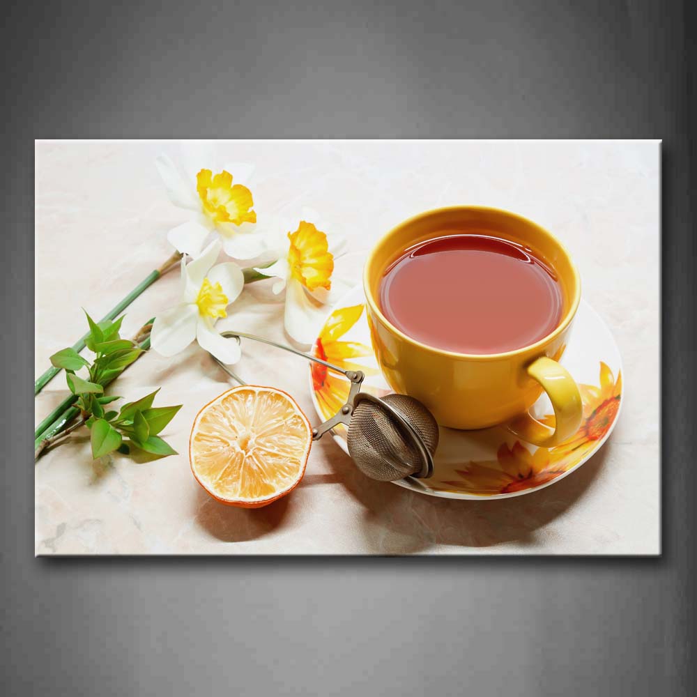 Tea In Cup With Orange And Flower Leaf Wall Art Painting The Picture Print On Canvas Food Pictures For Home Decor Decoration Gift 