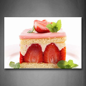 Cake With Red Strawberry And Green Leaf Wall Art Painting Pictures Print On Canvas Food The Picture For Home Modern Decoration 