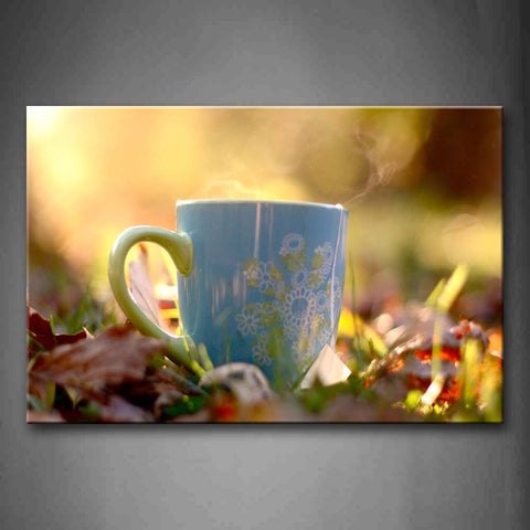 Hot Tea In Blue Cup In Grass Wall Art Painting The Picture Print On Canvas Food Pictures For Home Decor Decoration Gift 