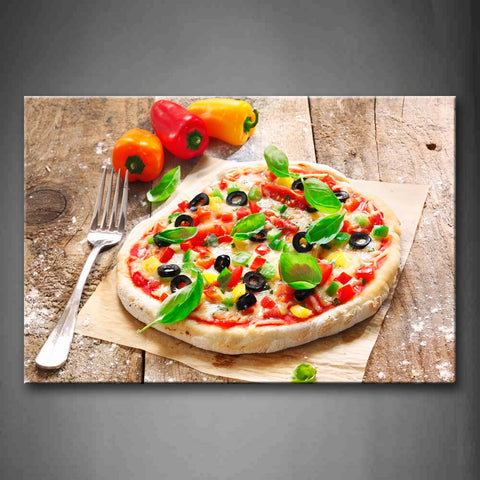 Colorful Pizza With Green Leaf And Fork Wall Art Painting Pictures Print On Canvas Food The Picture For Home Modern Decoration 