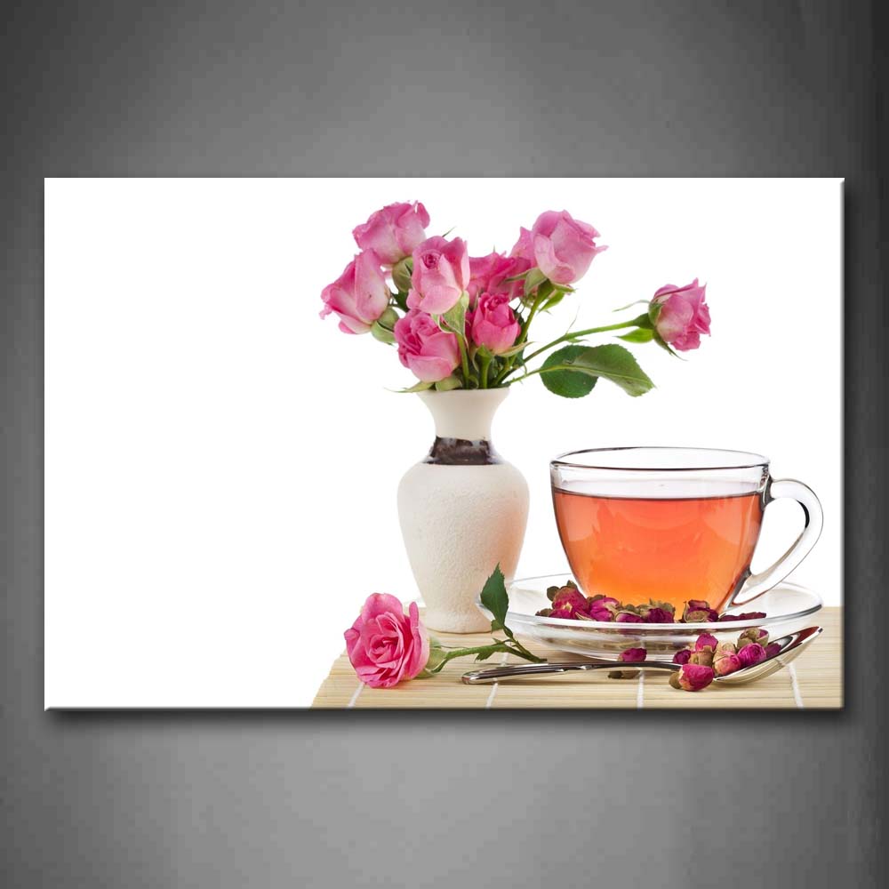 Tea In Cup With Pink Flower Vase Wall Art Painting The Picture Print On Canvas Food Pictures For Home Decor Decoration Gift 