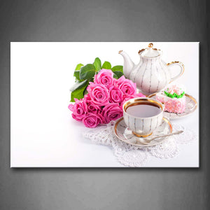 Tea In Cup With Pink Flower And Cake Wall Art Painting The Picture Print On Canvas Food Pictures For Home Decor Decoration Gift 