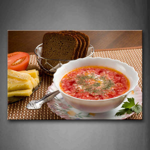 Red Soup In White Bowl Ang Bread Cheese Wall Art Painting Pictures Print On Canvas Food The Picture For Home Modern Decoration 