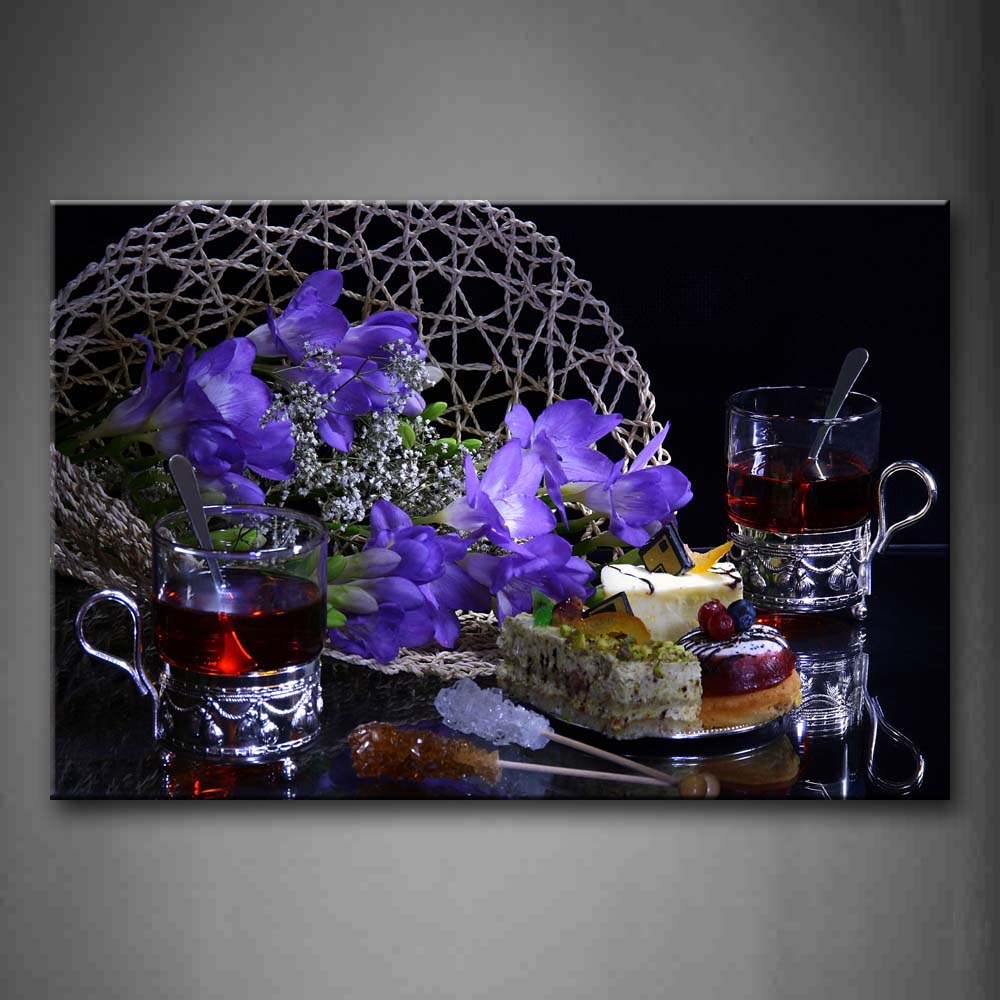 Purple Brown Tea  In Cups With Cheese Blue Flower Wall Art Painting The Picture Print On Canvas Food Pictures For Home Decor Decoration Gift 