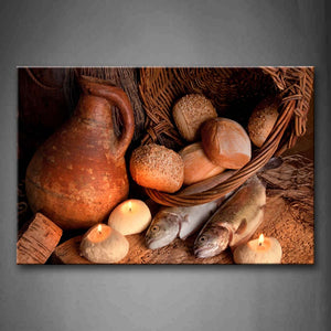 Brown Bread With Candle And Fishes Wall Art Painting Pictures Print On Canvas Food The Picture For Home Modern Decoration 