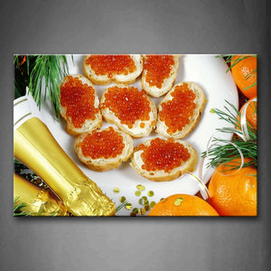 Golden Caviar On Bread In Plate With Orange Wall Art Painting Pictures Print On Canvas Food The Picture For Home Modern Decoration 