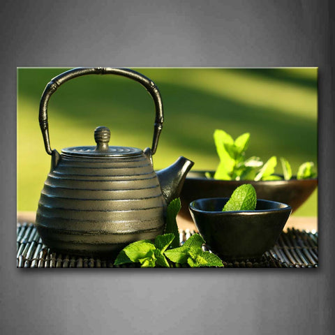 Tea In Black Teapot With Green Leaf Wall Art Painting Pictures Print On Canvas Food The Picture For Home Modern Decoration 