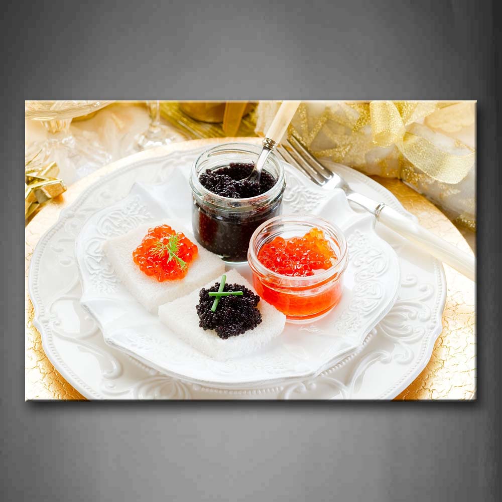 Caviar In White Plate With Fork Wall Art Painting Pictures Print On Canvas Food The Picture For Home Modern Decoration 