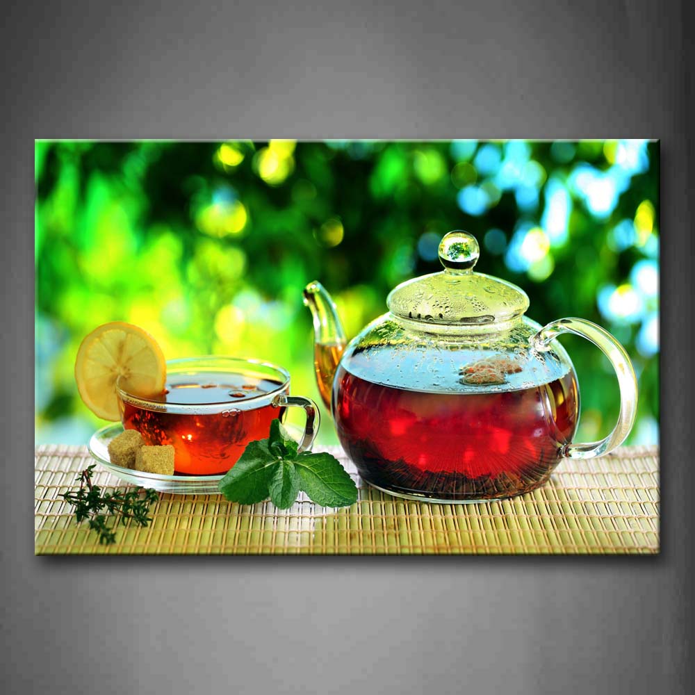 Black Tea Pot And Tumbler Closeup Mint  In Teatime Wall Art Painting The Picture Print On Canvas Food Pictures For Home Decor Decoration Gift 