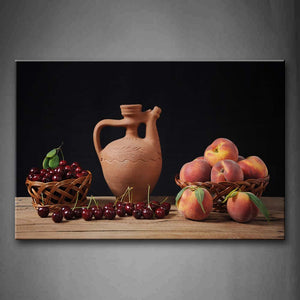 Brown Red Cherry And Pink Peach In Basket  Wall Art Painting The Picture Print On Canvas Food Pictures For Home Decor Decoration Gift 