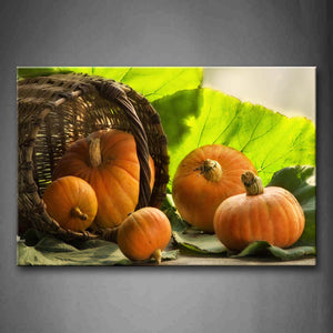 Yellow Pumpkin In Basket With Green Leaf Wall Art Painting Pictures Print On Canvas Food The Picture For Home Modern Decoration 