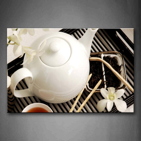 Tea In Teapot With White Flower Wall Art Painting Pictures Print On Canvas Food The Picture For Home Modern Decoration 