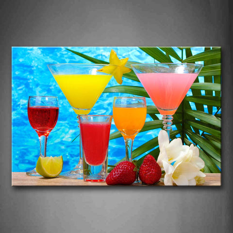 Colorful Cocktail With Lemon And Strawberry White Flower Wall Art Painting The Picture Print On Canvas Food Pictures For Home Decor Decoration Gift 