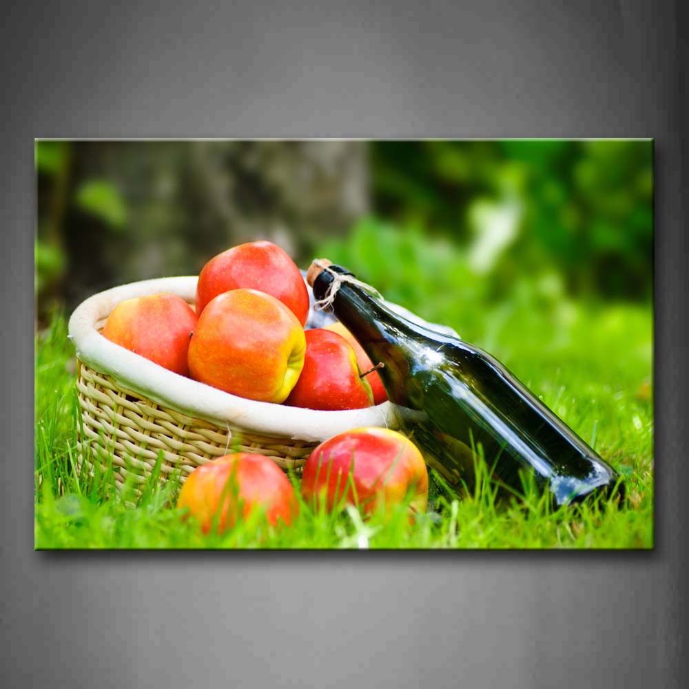 Red Apple In Basket On Grass With Bottle Wall Art Painting The Picture Print On Canvas Food Pictures For Home Decor Decoration Gift 