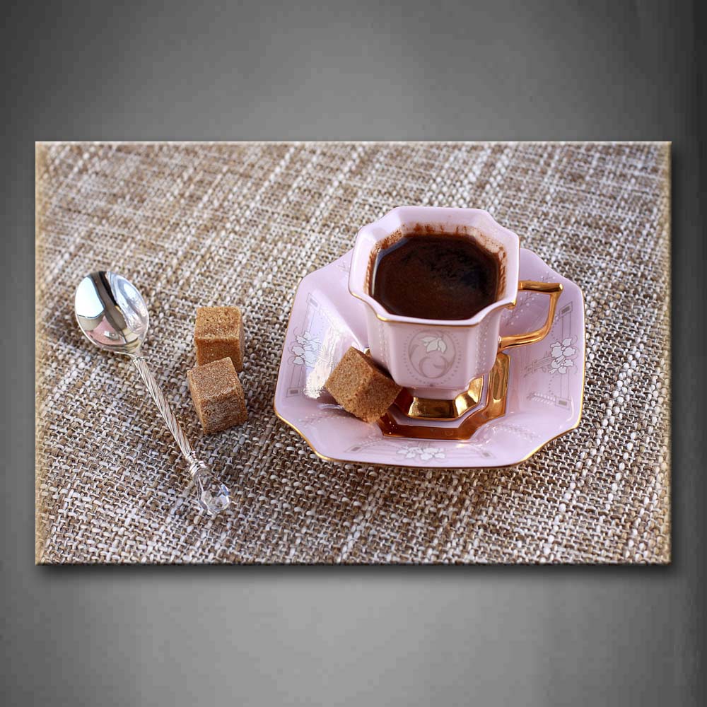 Coffee In Pink Cup With Cake And Spoon Wall Art Painting Pictures Print On Canvas Food The Picture For Home Modern Decoration 