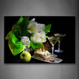 White Flower With Leaf And Cake Wine Apple Wall Art Painting Pictures Print On Canvas Food The Picture For Home Modern Decoration 