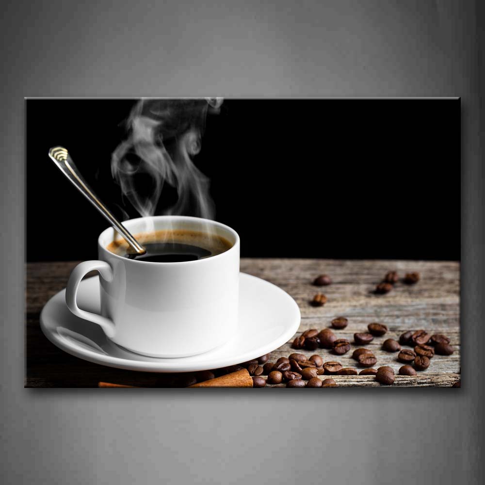 Hot Coffee In White Cup With Spoon Wall Art Painting Pictures Print On Canvas Food The Picture For Home Modern Decoration 