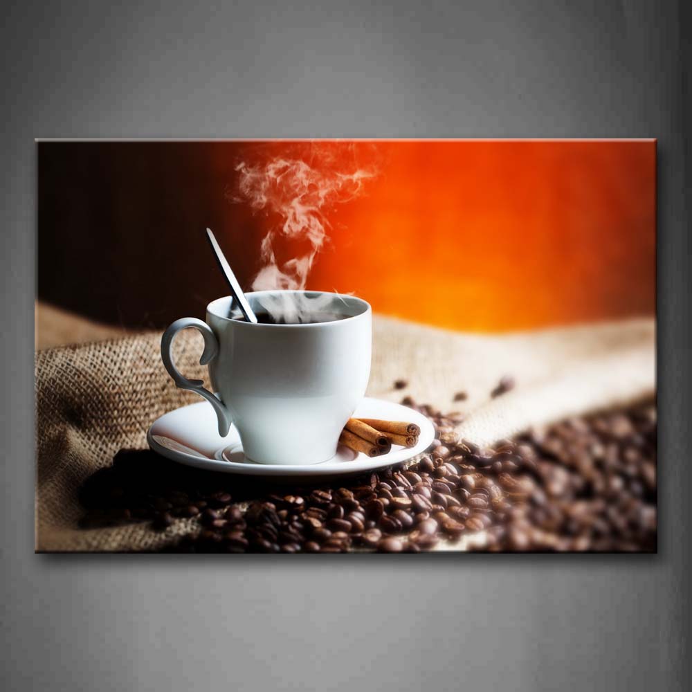 Brown Coffee With Smoke In Whtie Cup With Spoon Wall Art Painting The Picture Print On Canvas Food Pictures For Home Decor Decoration Gift 