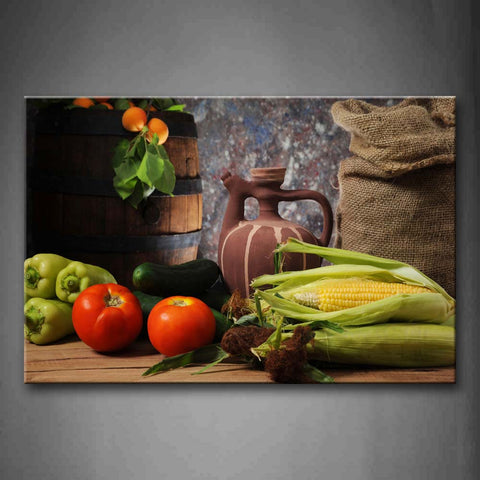 Fresh Tomato  Corn  Pepper Fresh Oranger With Leaf Wall Art Painting The Picture Print On Canvas Food Pictures For Home Decor Decoration Gift 