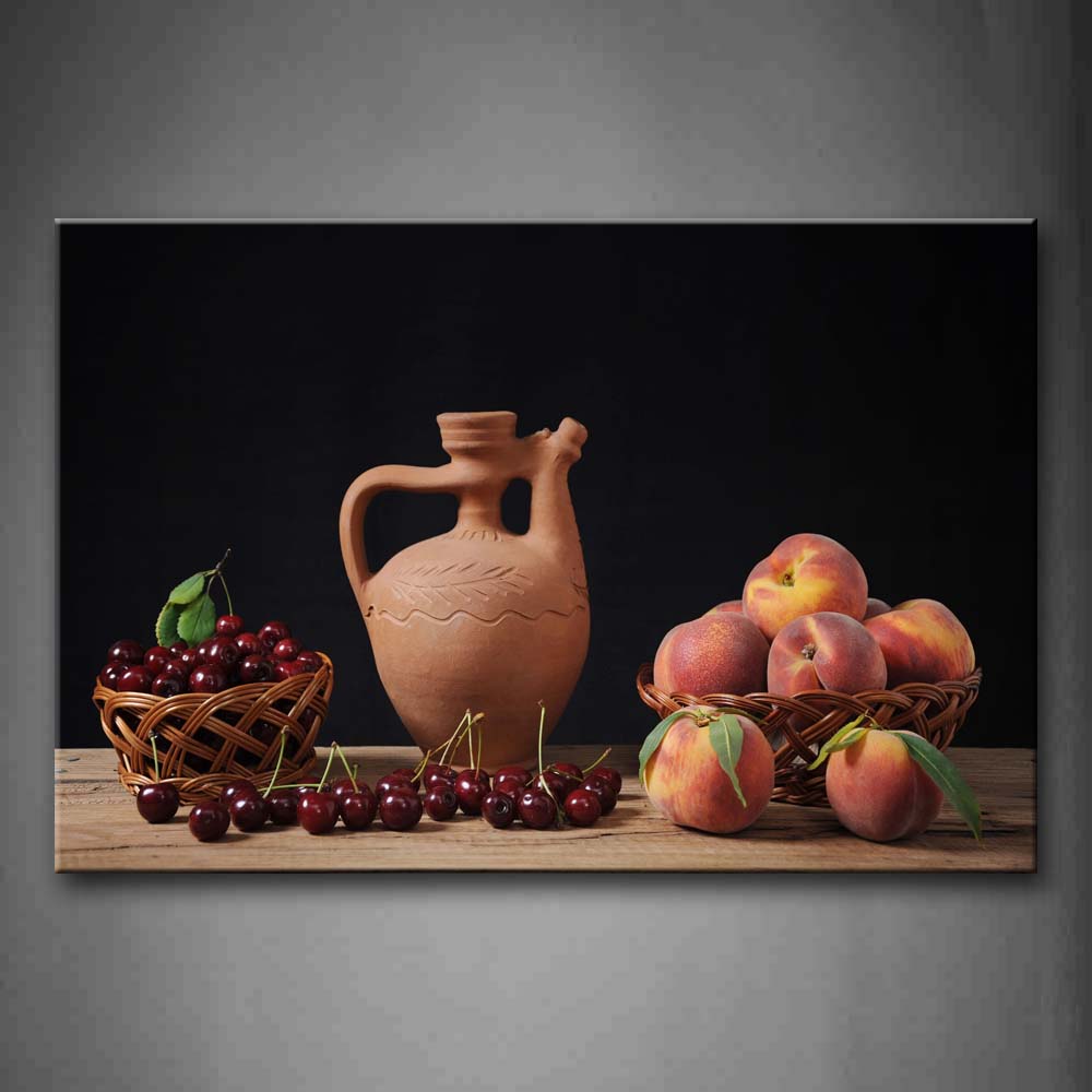 Brown Red Cherry And Peach With Teapot Wall Art Painting Pictures Print On Canvas Food The Picture For Home Modern Decoration 