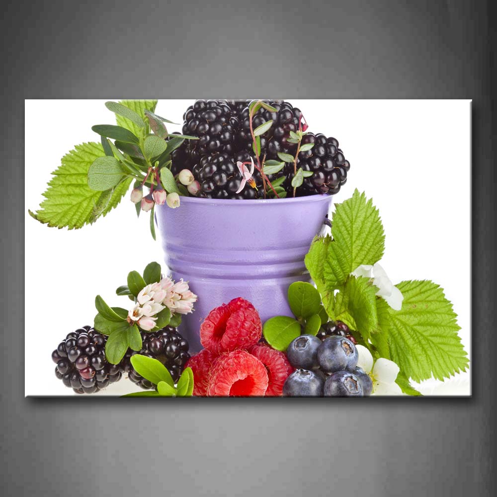 Red Raspberry And Blueberry Leaf In Blue Bucket Wall Art Painting The Picture Print On Canvas Food Pictures For Home Decor Decoration Gift 