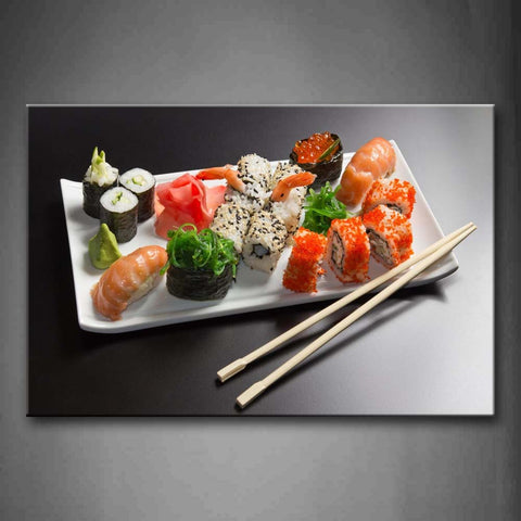 Various Colorful Sushi With Chopsticks In Plate Wall Art Painting Pictures Print On Canvas Food The Picture For Home Modern Decoration 