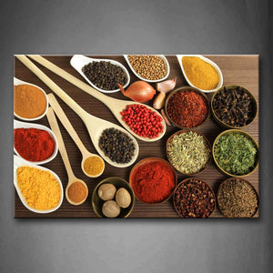 Couful Spice In Spoon Gather Together In Table Both Power Granulate And Slice Pices Wall Art Painting The Picture Print On Canvas Food Pictures For Home Decor Decoration Gift 