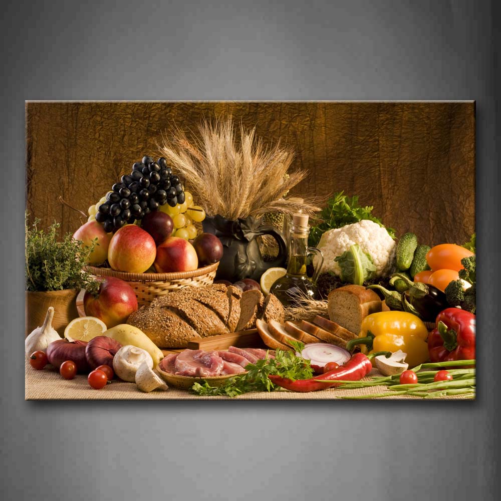 Brown Fresh Food Grape Apple Fruit In Basket Bread Oion Little Tomato Sweet Pepper Cauliflower Wheat Gather On The Table Wall Art Painting The Picture Print On Canvas Food Pictures For Home Decor Decoration Gift 